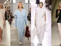 Eleganckie stylizacje na wiosnę: kremowa sukienka, błękitny płaszcz, biała kreacja z frędzlami i czarny top z czarną baskinką.