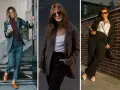 Trzy kobiety prezentują stylowe stylizacje do pracy na luzie: garnitur w szarości, brązowa marynarka z czarnymi spodniami i elegancki zestaw z satynową koszulą.