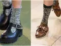 Czarne i brązowe modne buty na jesień z błyszczącymi skarpetkami. Eleganckie i stylowe, idealne na chłodniejsze dni.