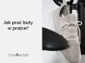 Beżowe buty sportowe na czarnym tle. Tekst: "Jak prać buty w pralce?". Dowiedz się, w ilu stopniach prać buty, by je odświeżyć.