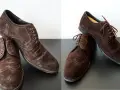 Brązowe buty zamszowe przed i po farbowaniu. Odświeżanie wyglądu obuwia.