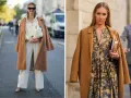 Dwie kobiety prezentują stylowe płaszcze camel. Jedna w białym komplecie, druga w wzorzystej sukience. Płaszcz camel stylizacje na co dzień i od święta.