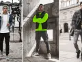 Trzech mężczyzn prezentuje gotowe zestawy ubrań do kupienia: denimowa kurtka z kożuszkiem, neonowa bluza z kamizelką i płaszcz w kratę.