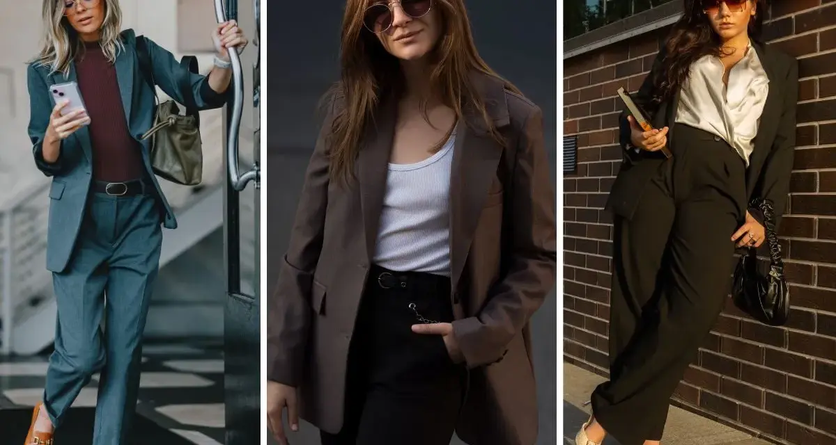 Trzy kobiety prezentują stylowe stylizacje do pracy na luzie: garnitur w szarości, brązowa marynarka z czarnymi spodniami i elegancki zestaw z satynową koszulą.