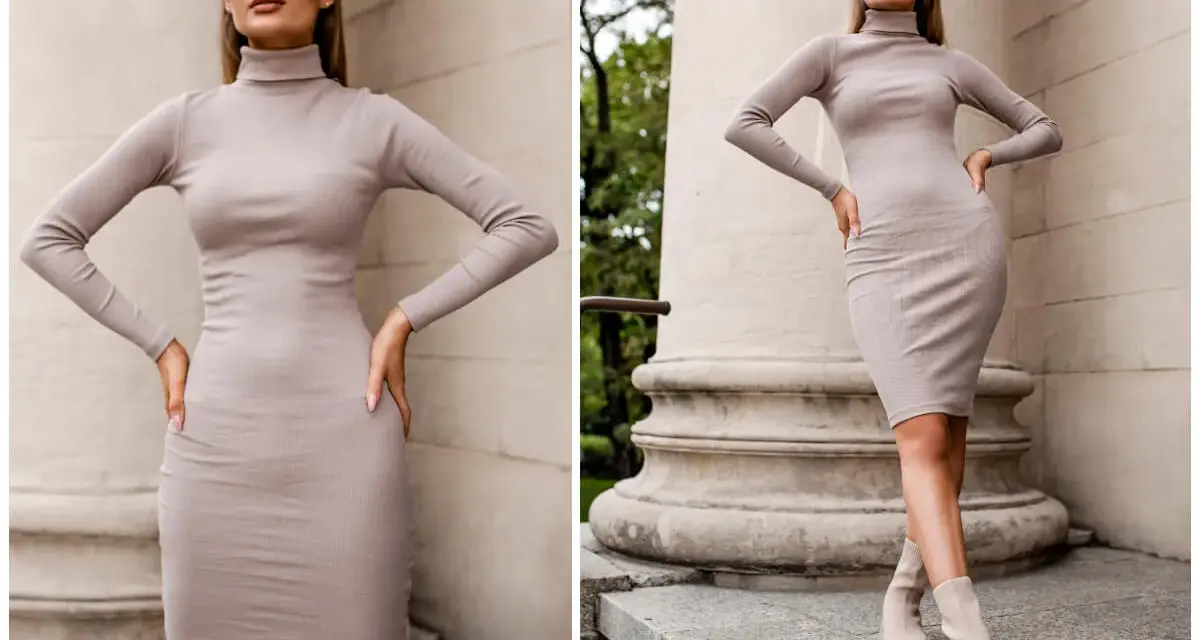Elegancka sukienka polo damska z golfem, podkreślająca sylwetkę. Modelka prezentuje ją na tle kolumny.