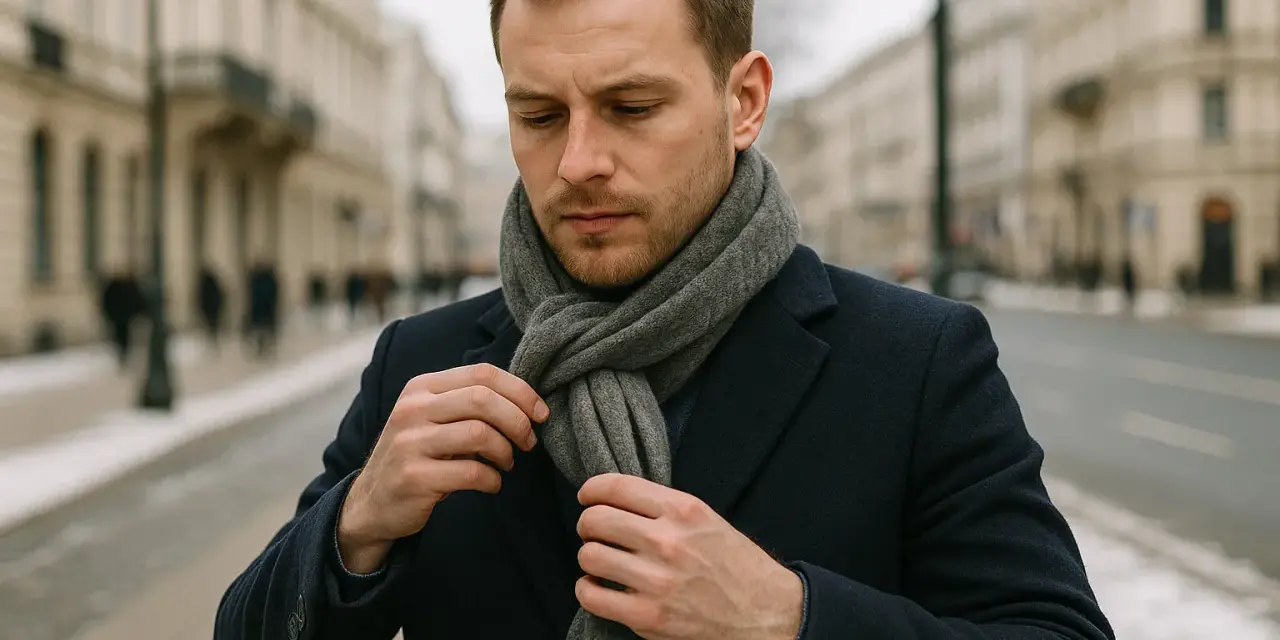 Mężczyzna w granatowym płaszczu poprawia szary szalik. Pokazujemy, jak wiazac szalik meski, by wyglądać stylowo.
