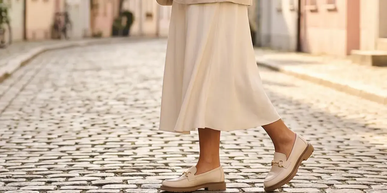 Eleganckie, beżowe mokasyny z ozdobnym złotym elementem to idealne modne buty na wiosnę.