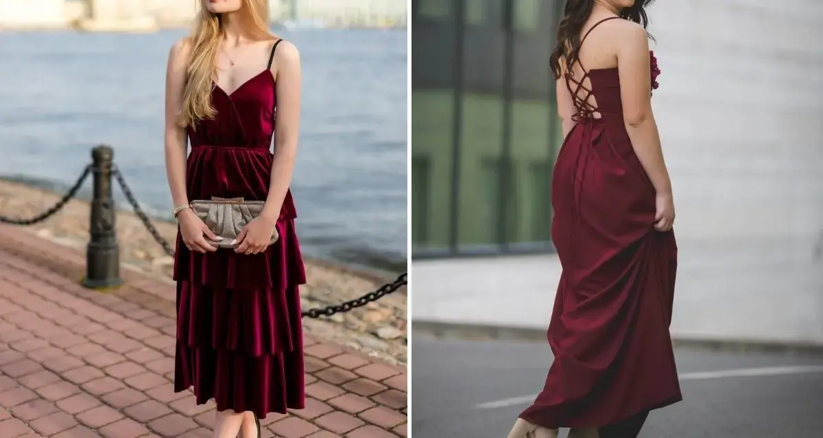 Eleganckie stylizacje: jakie buty do bordowej sukienki? Czarne szpilki i beżowe sandałki na obcasie świetnie uzupełniają aksamitne kreacje.
