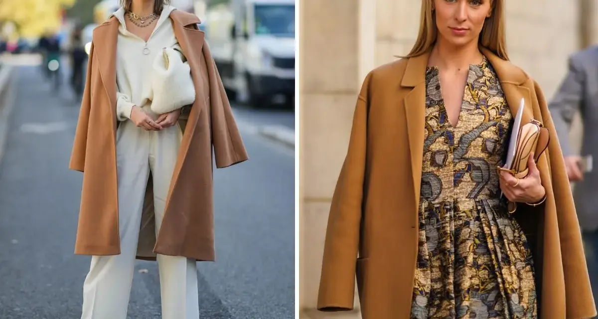 Dwie kobiety prezentują stylowe płaszcze camel. Jedna w białym komplecie, druga w wzorzystej sukience. Płaszcz camel stylizacje na co dzień i od święta.