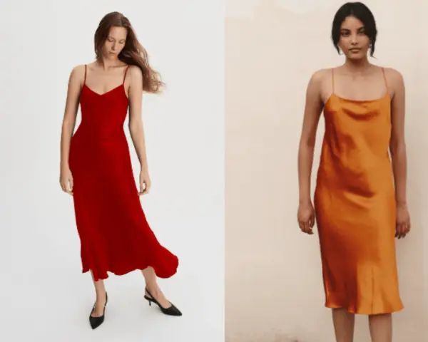 Eleganckie sukienki na ramiączkach w kolorze czerwonym i pomarańczowym. Idealne inspiracje, jak się ubrać na wesele jako gość, by wyglądać stylowo i zjawiskowo.