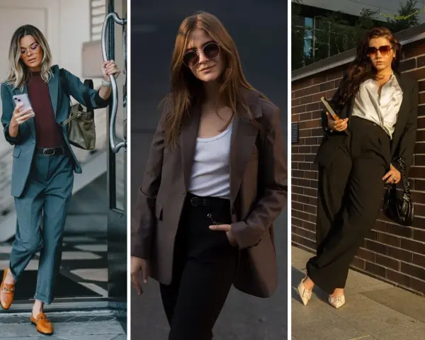 Trzy kobiety prezentują stylowe stylizacje do pracy na luzie: garnitur w szarości, brązowa marynarka z czarnymi spodniami i elegancki zestaw z satynową koszulą.