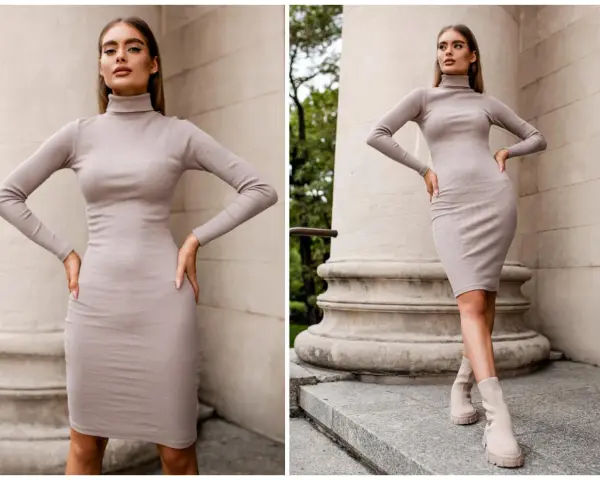 Elegancka sukienka polo damska z golfem, podkreślająca sylwetkę. Modelka prezentuje ją na tle kolumny.