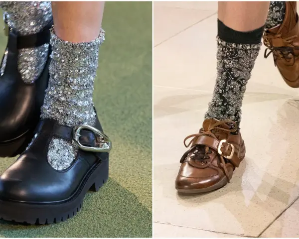 Czarne i brązowe modne buty na jesień z błyszczącymi skarpetkami. Eleganckie i stylowe, idealne na chłodniejsze dni.