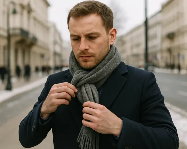 Mężczyzna w granatowym płaszczu poprawia szary szalik. Pokazujemy, jak wiazac szalik meski, by wyglądać stylowo.