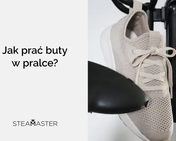 Beżowe buty sportowe na czarnym tle. Tekst: "Jak prać buty w pralce?". Dowiedz się, w ilu stopniach prać buty, by je odświeżyć.