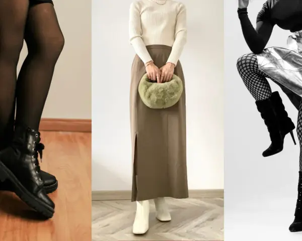 Trzy stylizacje z botkami: czarne sznurowane, białe kozaki i czarne z klamrami. Botki skarpetkowe stylizacje na różne okazje.