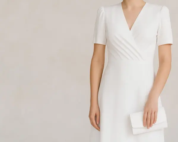 Elegancka biała sukienka z kopertówką – idealne dodatki do białej sukienki na wesele.