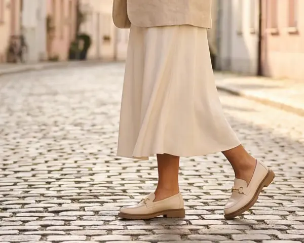 Eleganckie, beżowe mokasyny z ozdobnym złotym elementem to idealne modne buty na wiosnę.