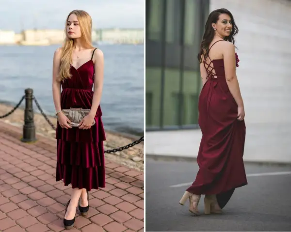 Eleganckie stylizacje: jakie buty do bordowej sukienki? Czarne szpilki i beżowe sandałki na obcasie świetnie uzupełniają aksamitne kreacje.