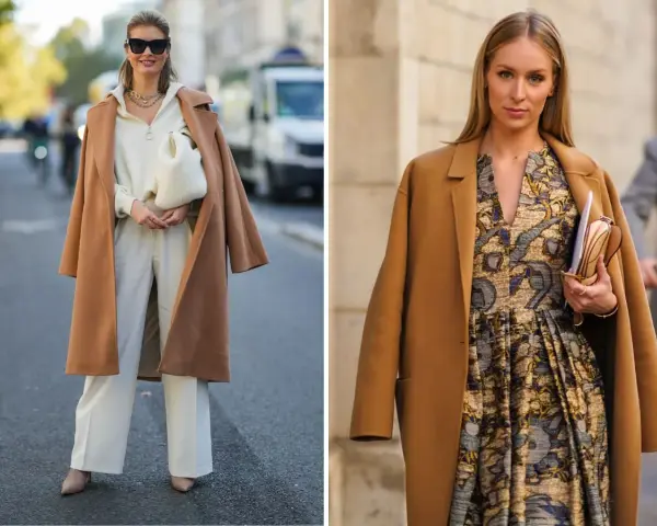 Dwie kobiety prezentują stylowe płaszcze camel. Jedna w białym komplecie, druga w wzorzystej sukience. Płaszcz camel stylizacje na co dzień i od święta.