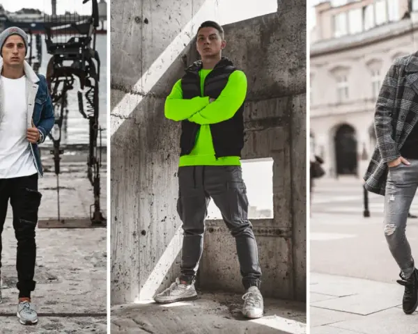 Trzech mężczyzn prezentuje gotowe zestawy ubrań do kupienia: denimowa kurtka z kożuszkiem, neonowa bluza z kamizelką i płaszcz w kratę.