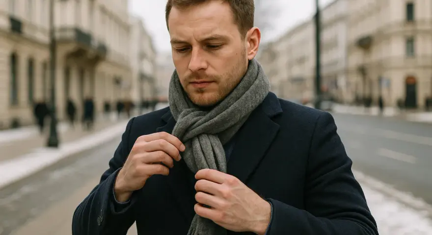Mężczyzna w granatowym płaszczu poprawia szary szalik. Pokazujemy, jak wiazac szalik meski, by wyglądać stylowo.