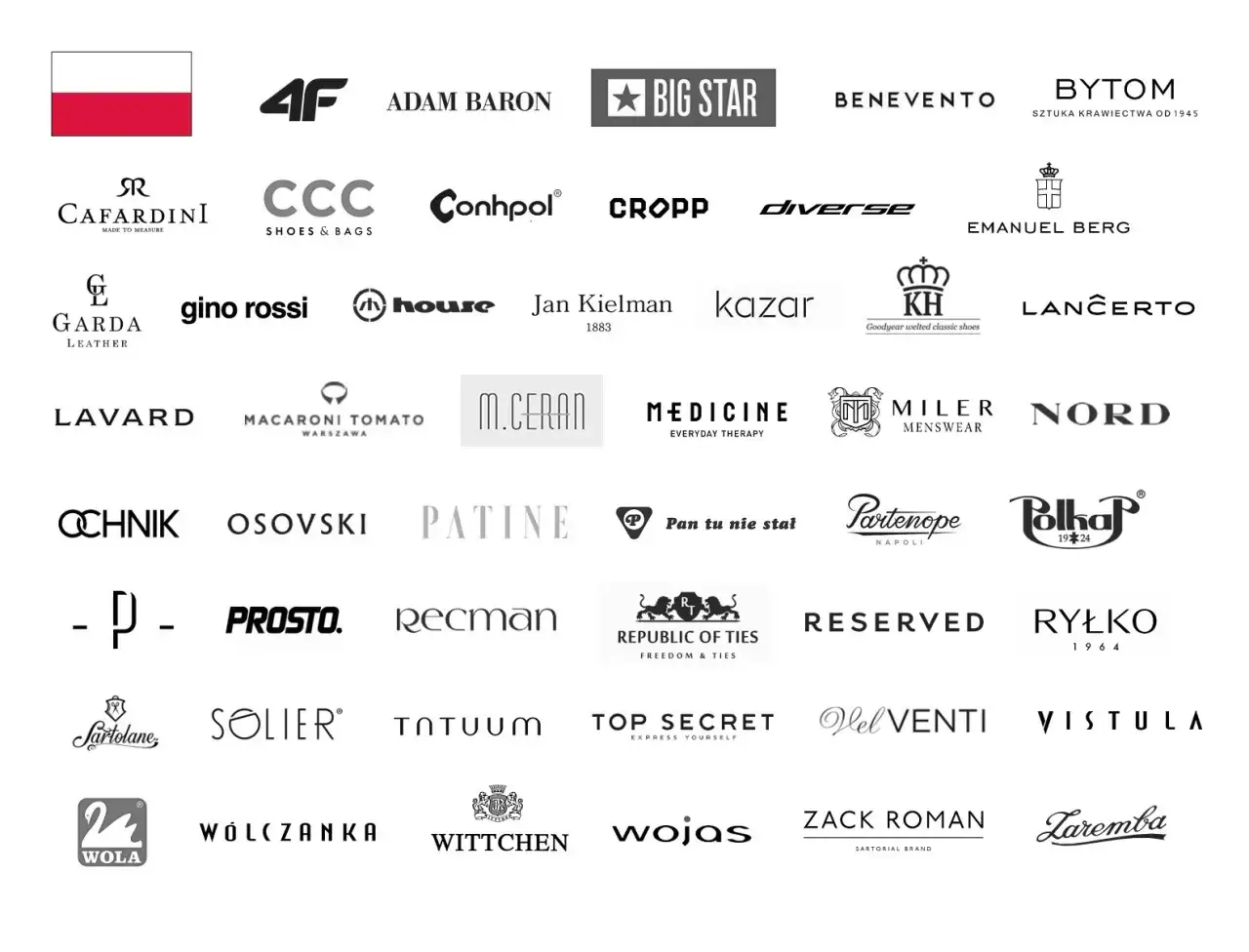 Logotypy polskich firm odzieżowych: 4F, Adam Baron, Big Star, Bytom, CCC, Cropp, Diverse, Gino Rossi, House, Kazar, Lancerto, Medicine, Miler Menswear, Nord, Reserved, Ryłko, Wólczanka, Wittchen, Wojas, Zack Roman, Laremb.