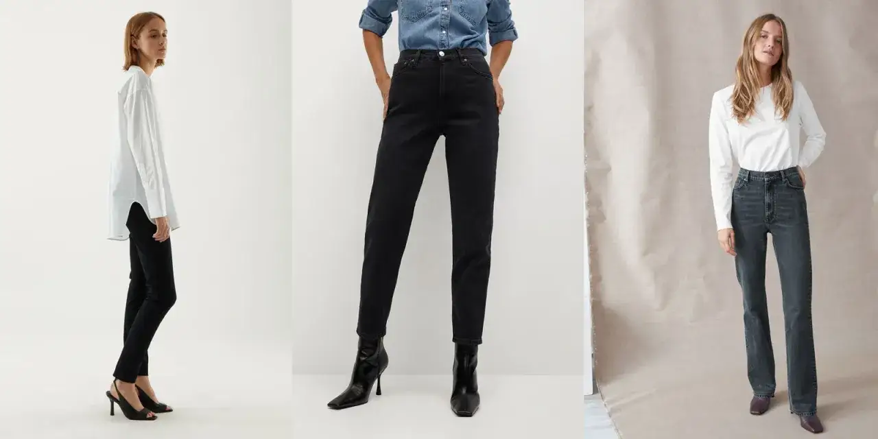 Eleganckie stylizacje dla niskich pań: czarne spodnie z wysokim stanem i biała koszula, jeansy z koszulą i botkami, szare jeansy z białą bluzką.