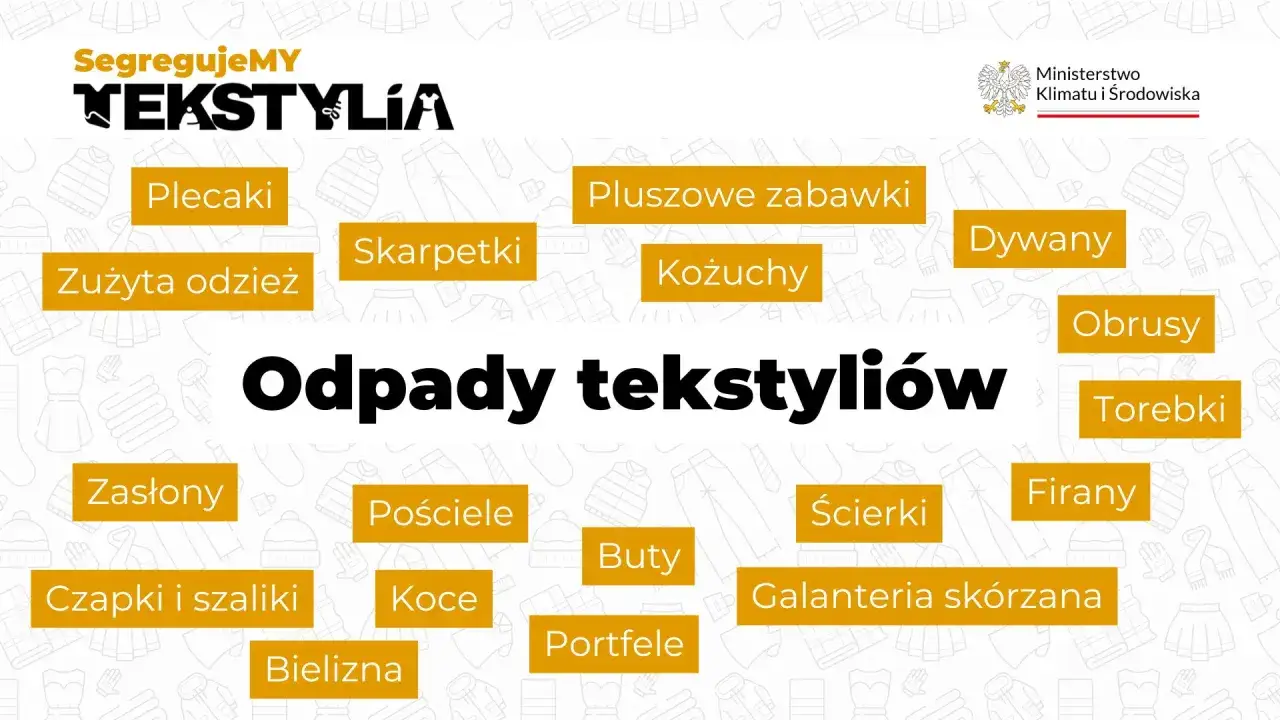 Gdzie wyrzucić starą bieliznę i inne tekstylia? Grafika pokazuje segregację odpadów tekstylnych: odzież, pościel, ręczniki, zasłony, koce, czapki, szaliki, bielizna, buty, zabawki, dywany, obrusy, torebki, portfele, galanteria skórzana.