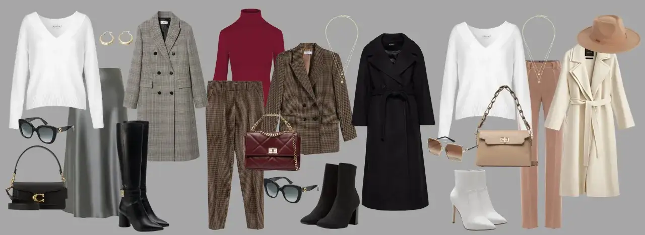 Eleganckie stylizacje na jesień: płaszcze, marynarki, swetry, spodnie, spódnica, buty i torebki.