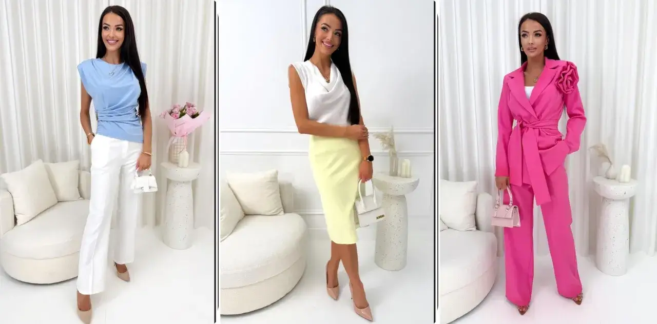 Eleganckie stylizacje na wiosnę: błękitny top z białymi spodniami, biała bluzka z żółtą spódnicą, różowy garnitur.