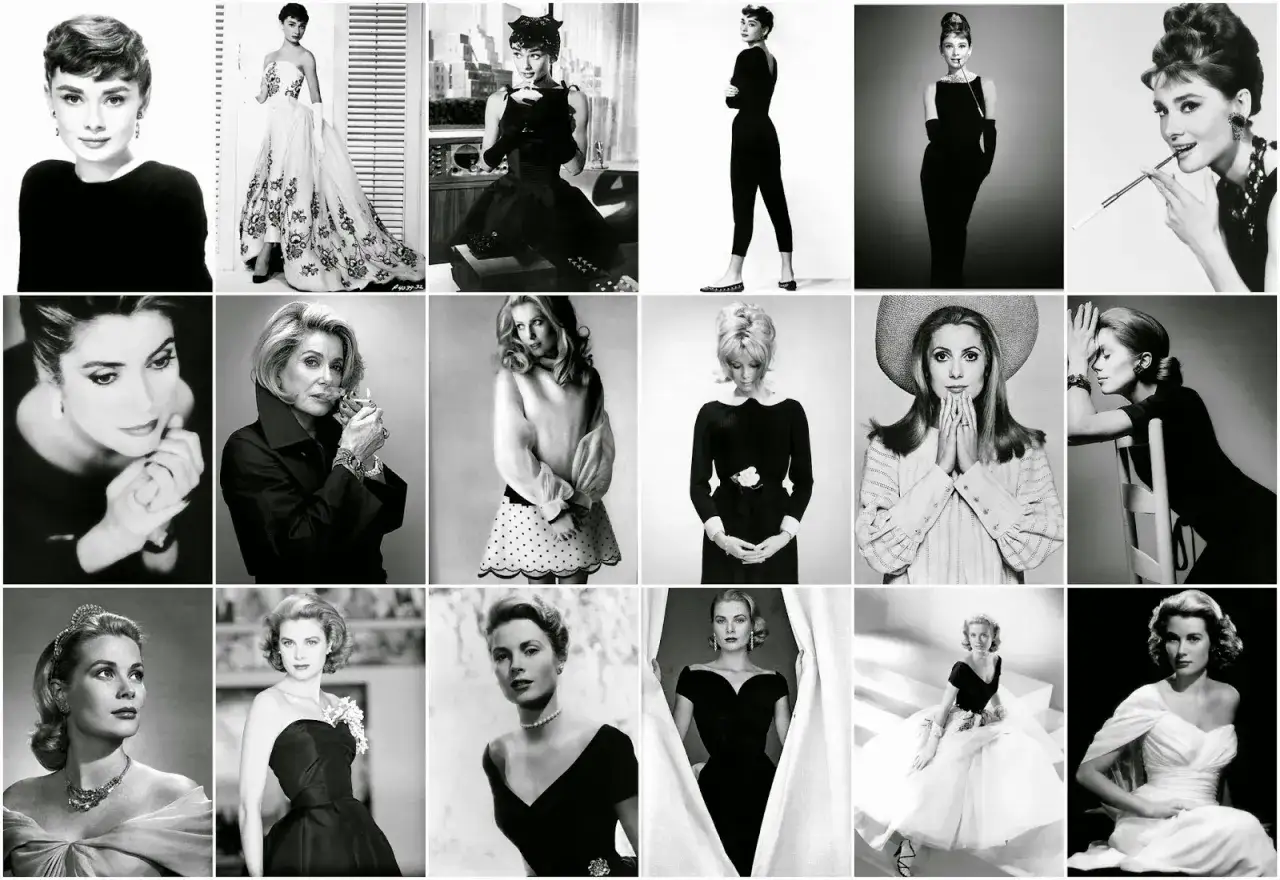 Ikony stylu i elegancji: Audrey Hepburn, Catherine Deneuve, Grace Kelly i inne gwiazdy w ponadczasowych kreacjach.