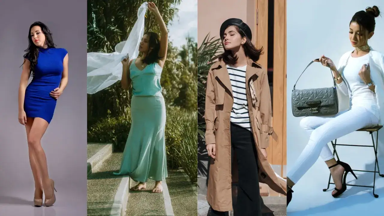 Inspirujące stylizacje dla niskich pań: kobaltowa sukienka, zwiewna kreacja, trencz i biały total look.