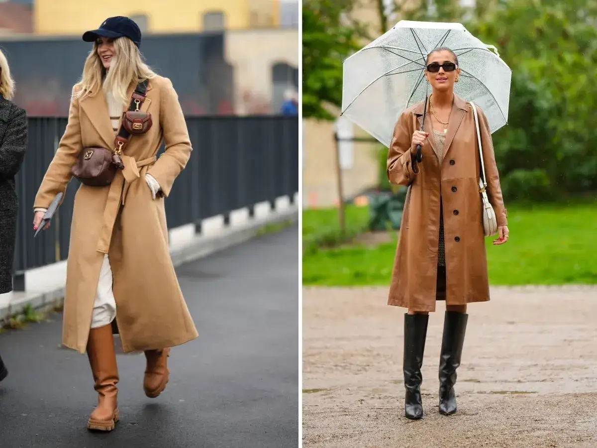 Dwie kobiety prezentują płaszcz camel stylizacje: jedna w beżowym płaszczu i brązowych kozakach, druga w skórzanym trenczu i czarnych kozakach.