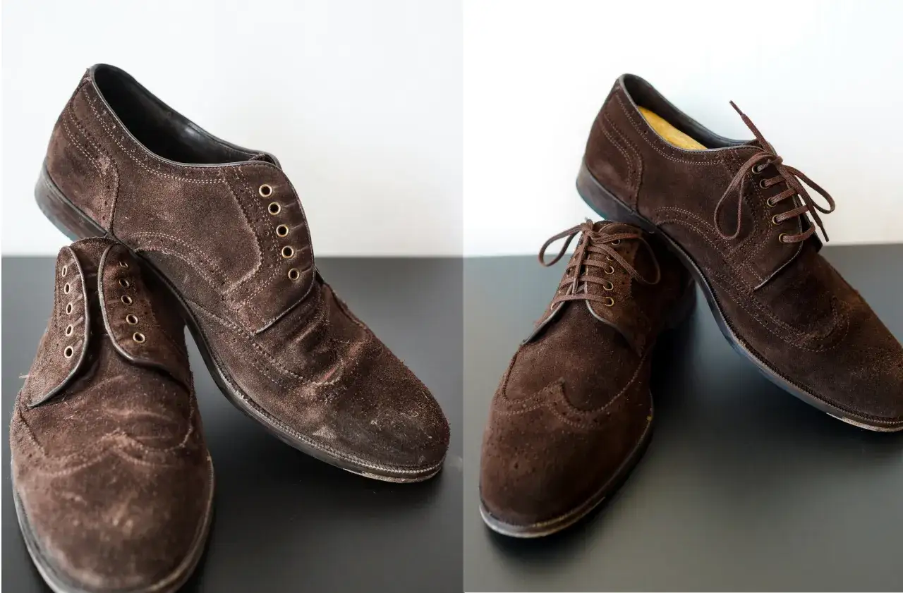 Brązowe buty zamszowe przed i po farbowaniu. Odświeżanie wyglądu zamszowych butów.
