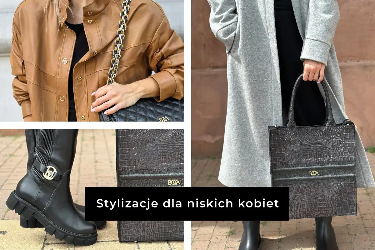 Eleganckie stylizacje dla niskich pań: brązowa kurtka, czarne kozaki i szary płaszcz z torebką.
