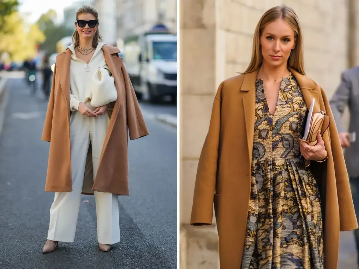 Dwie kobiety prezentują stylowe płaszcze camel. Jedna w białym komplecie, druga w wzorzystej sukience. Płaszcz camel stylizacje na co dzień i od święta.