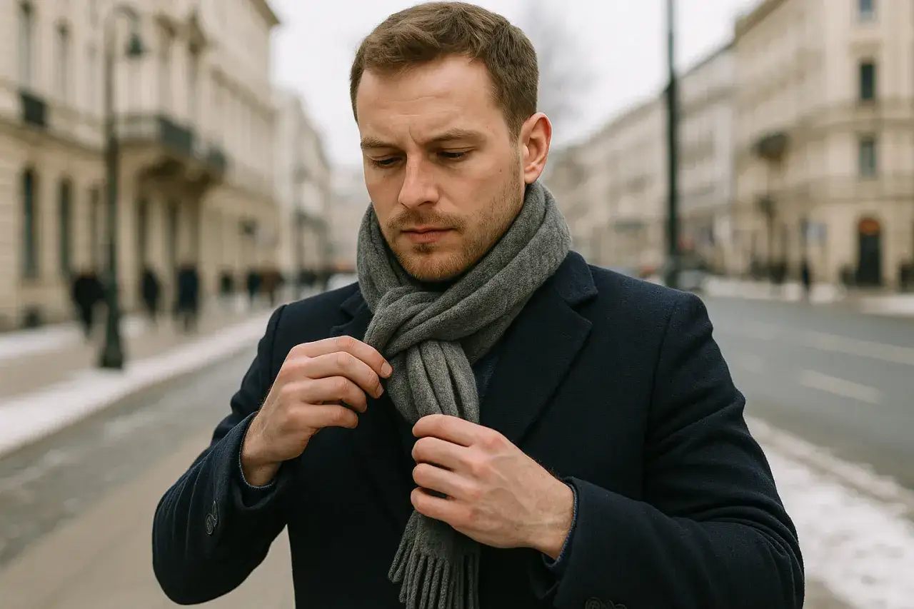 Mężczyzna w granatowym płaszczu poprawia szary szalik. Pokazujemy, jak wiazac szalik meski.