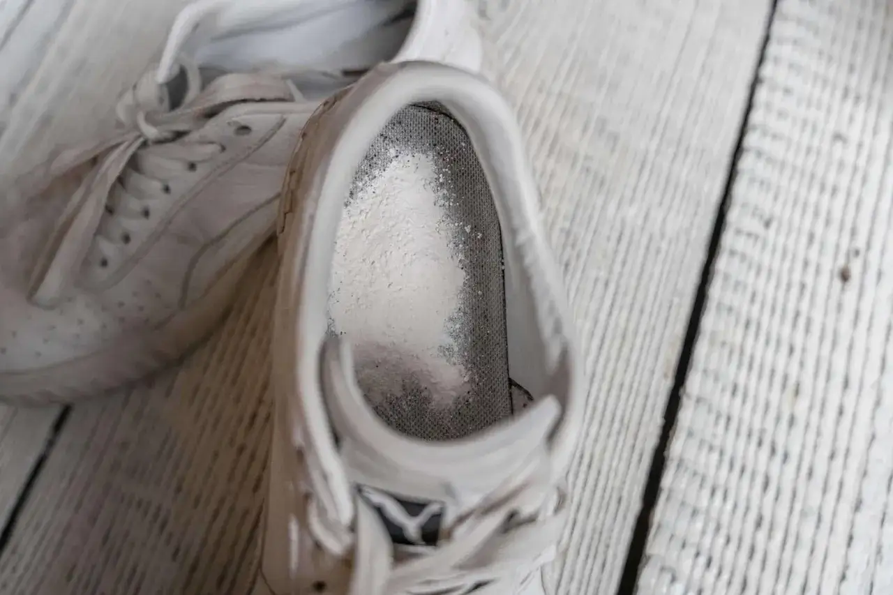 Białe trampki z proszkiem w środku. To soda do butów, która pochłania wilgoć i zapachy.