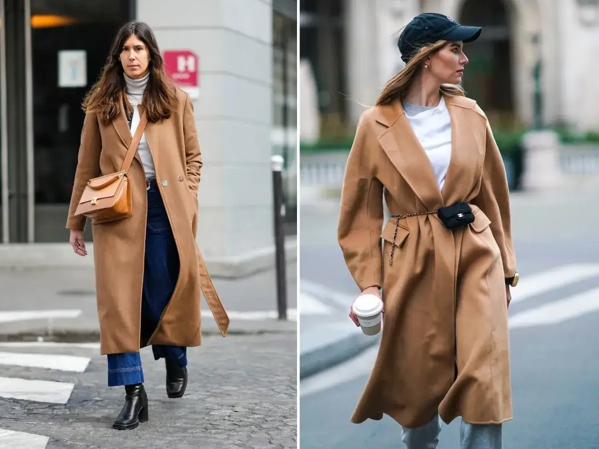 Dwie kobiety prezentują płaszcz camel. Jedna w eleganckiej stylizacji z torebką, druga w sportowej z czapką i nerką.