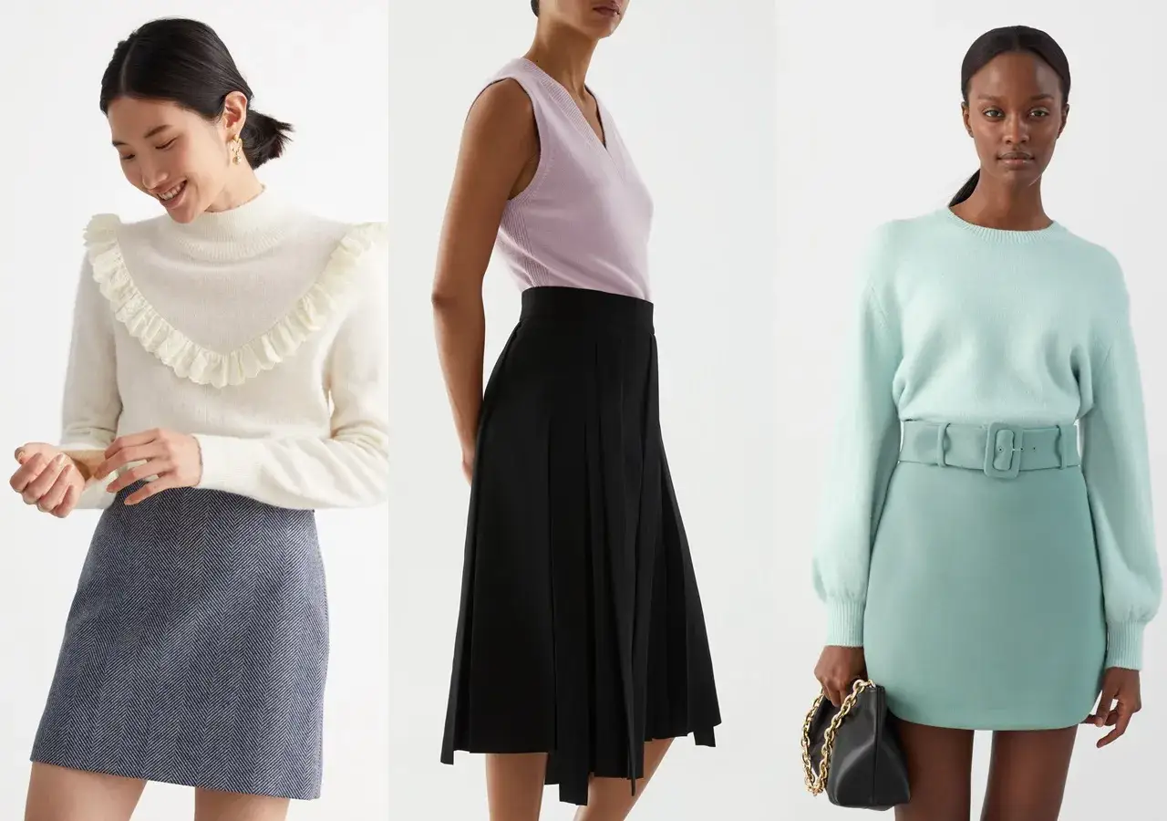 Eleganckie stylizacje dla niskich pań: sweter z falbanką i spódnica mini, czarna spódnica midi z kamizelką, miętowy komplet z paskiem.