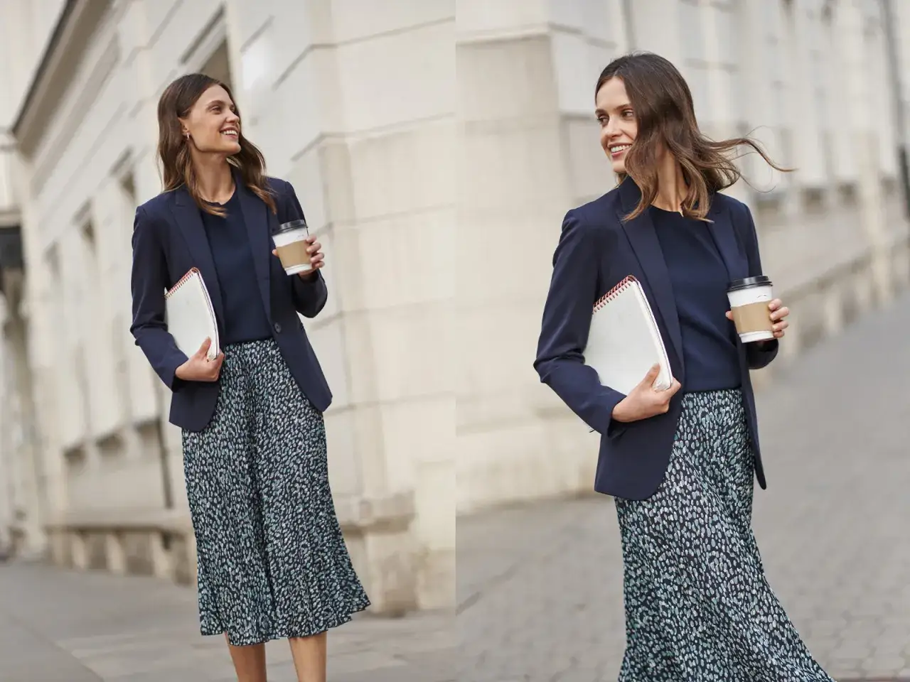 Eleganckie stylizacje na jesień: kobieta w granatowej marynarce i wzorzystej spódnicy, z kawą i notatnikiem.