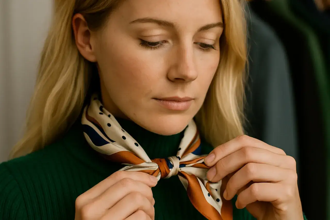 Blondynka z uwagą wiąże wzorzysty szalik. Pokazuje eleganckie sposoby wiązania szalika.