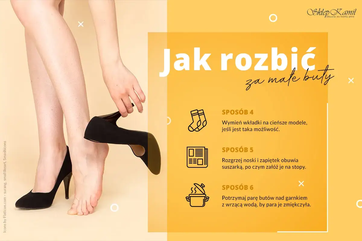Jak zmiękczyć buty na pięcie? Kobieta zdejmuje czarny czółenko, by rozciągnąć je na stopie. Porady: wymiana wkładek, suszarka, gorąca woda.