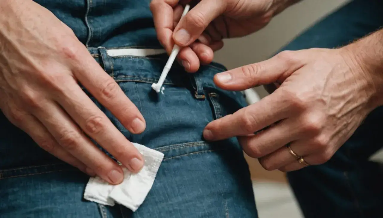 Usuwanie super glue z ubrań: dłoń z wacikiem i patyczkiem próbuje usunąć plamę z kleju z jeansów.